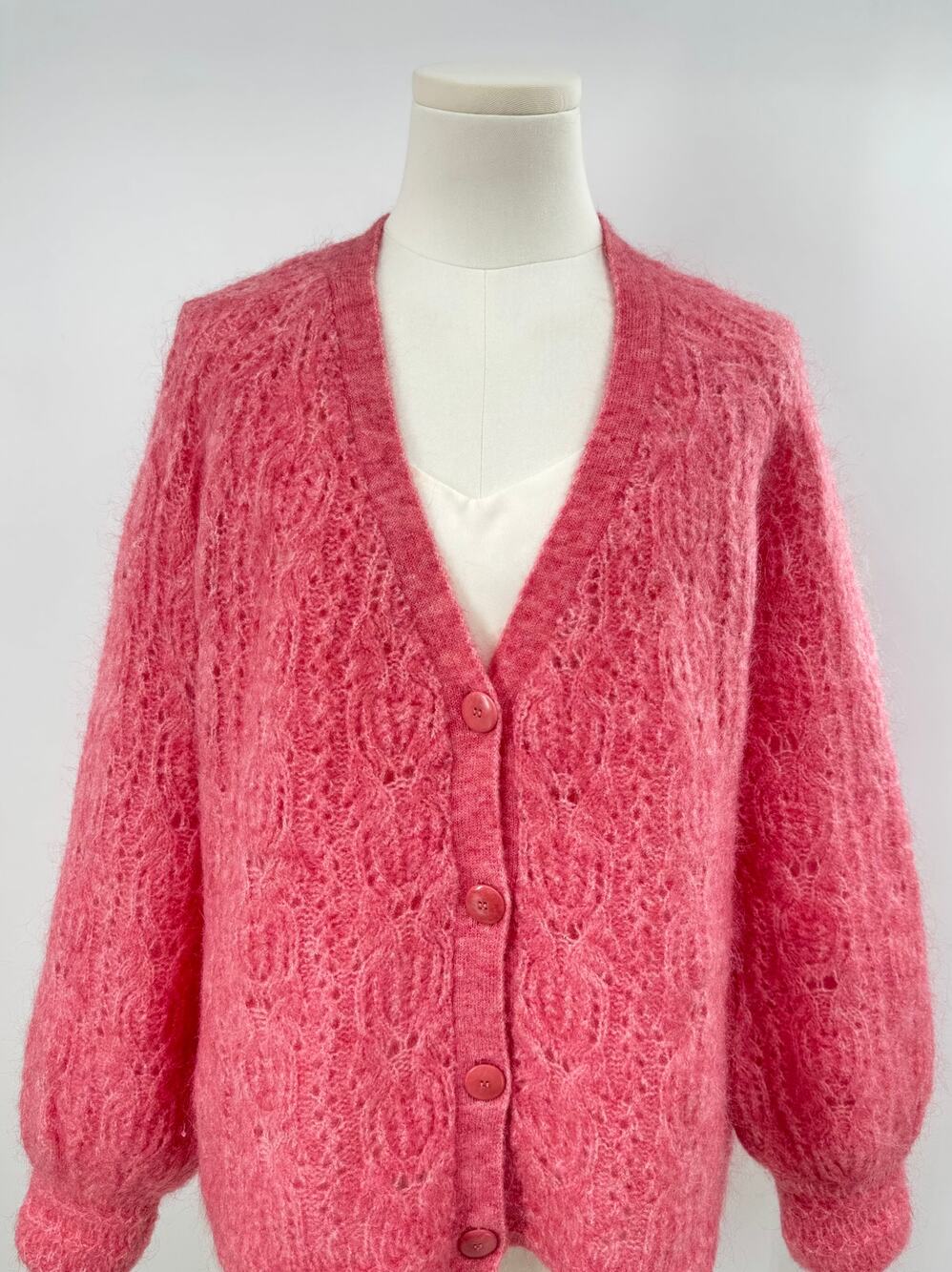 Sezane Joia Mohair Wool Cardigan Sweater Pink Oversized Pointelle Cardi